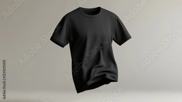 Fototapeta This 3D black t-shirt mockup elegantly floats against a gradient gray backdrop, featuring dynamic lighting that enhances its folds and contours, perfect for showcasing custom designs