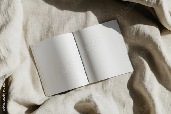 Fototapeta A blank landscape magazine mockup rests open on a soft, textured fabric background, illuminated by gentle natural light, enhancing the inviting and artistic essence of the setting