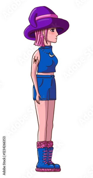 Obraz Female person with pink hair in t-shirt, shorts, boots and witch hat isolated on white background. Modern witch. Vector illustration.