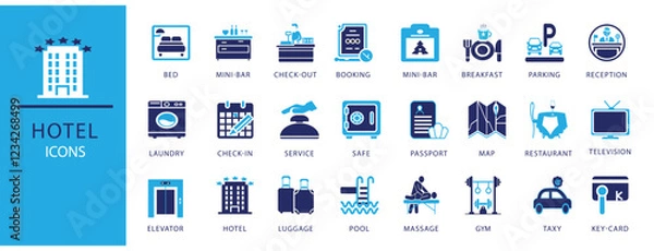Fototapeta Hotel and hospitality-icon set. Featuring 24 designs, including bed, minibar, booking, reception, pool, elevator, gym, and more.hotel booking apps,