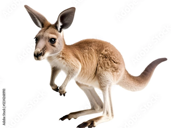 Fototapeta A playful baby kangaroo hopping around with its tail raised, set against a white background. Transparent background


