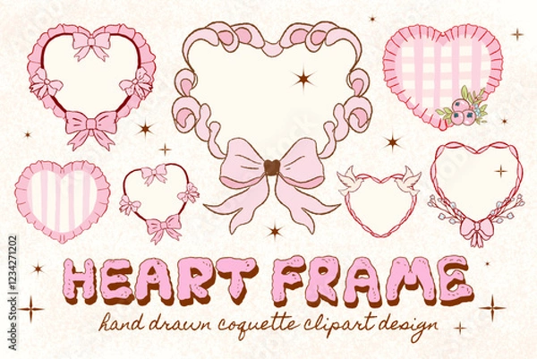 Obraz Heart frame with bow and ribbons. Hand Drawn red coquette borders for wedding invitations. Whimsical lace frames, Pink frame, ruffle heart border, girly clipart, Dolce vita, Valentine coquette, ribbon