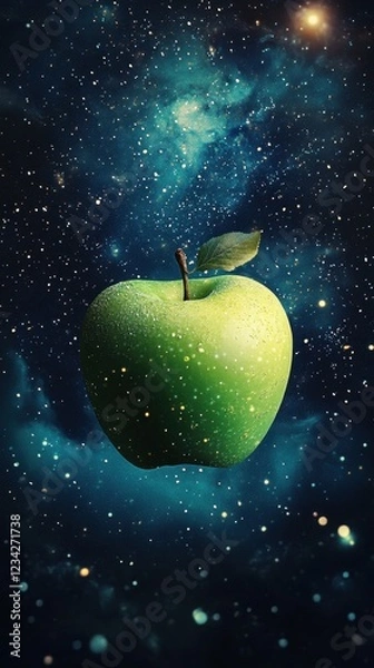 Fototapeta A Green Apple Floats in a Starry Cosmos
