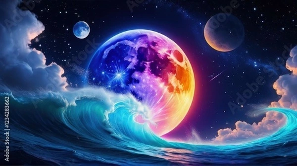 Fototapeta Surreal fantasy landscape featuring a glowing planet rising over crashing ocean waves beneath a starry sky, with vibrant colorful lights illuminating the clouds and water in an otherworldly glow.