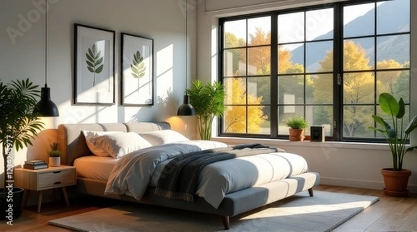 Fototapeta Bright and airy bedroom with large windows, soft neutral bedding, and vibrant greenery. The clean design, earthy tones, and natural lighting create a cozy, serene retreat for relaxation and peaceful l