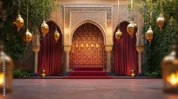 Fototapeta Moroccan Wedding Podium with Lanterns and Geometric Patterns. Hanging Fabric Drapes and Candles in a Courtyard. Copy space. Generative AI