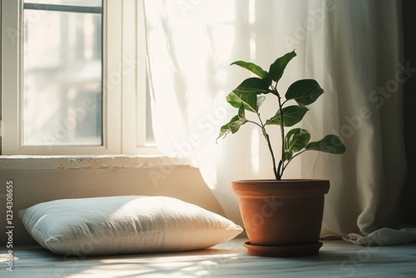 Obraz A small potted plant sits on a pillow next to a sunny window, perfect for adding some greenery to any room