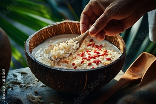 Fototapeta This coconut yogurt bowl with goji berries features a delicious blend of textures and flavors, perfect for a healthy snack or breakfast treat.