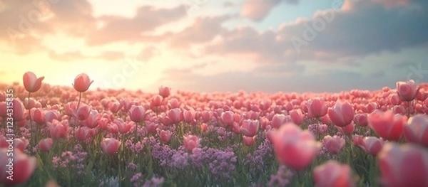 Obraz Pink tulips sunset field; idyllic spring landscape