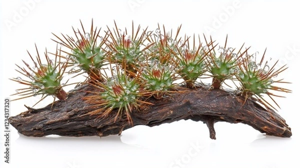 Fototapeta Cactus cluster on driftwood, studio shot, white background, succulent arrangement