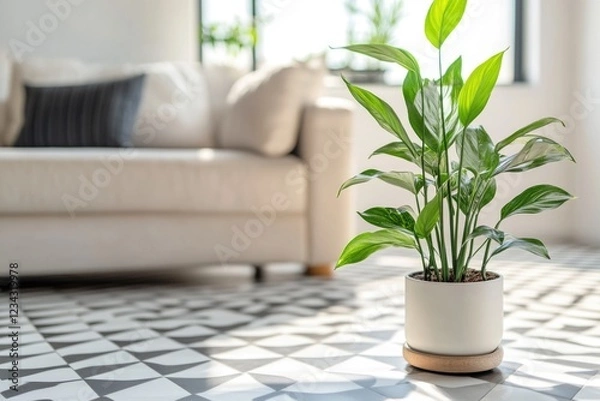 Fototapeta A small potted plant sits on a tiled floor in front of a cozy couch, perfect for adding some greenery to a living space or office