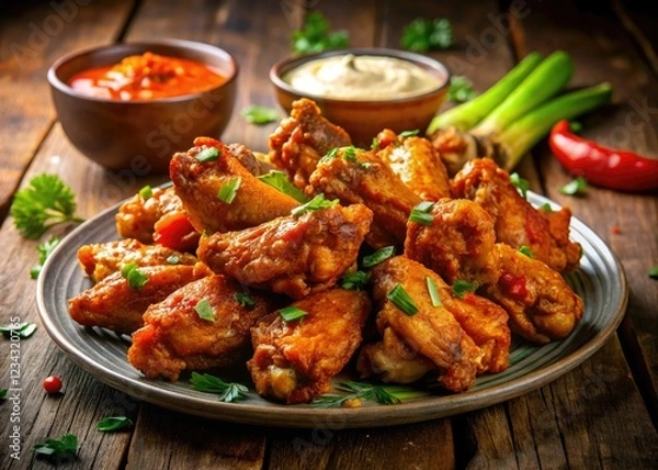 Fototapeta Unleash fiery flavor!  Crispy buffalo wings, perfectly seasoned, a platter of pure deliciousness.
