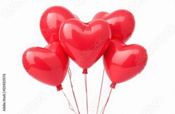 Fototapeta Five realistic red heart shaped balloons on white background. Valentine's Day poster