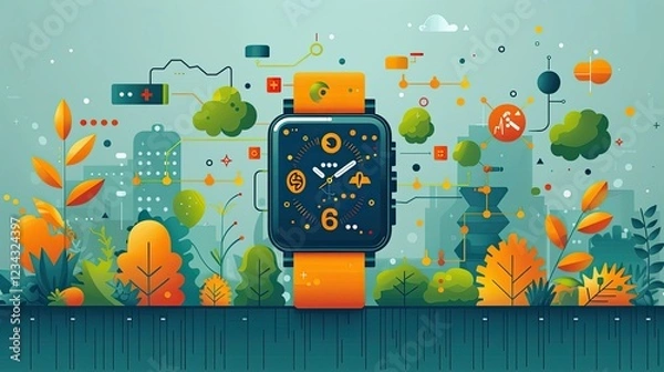 Fototapeta A smartwatch app predicts the future of health in this visionary flat design scene
