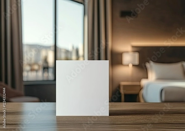 Fototapeta Photo of a blank white table tent card on a wooden desk in a hotel room, with a blurred background featuring a bed and window, in the front view. 
