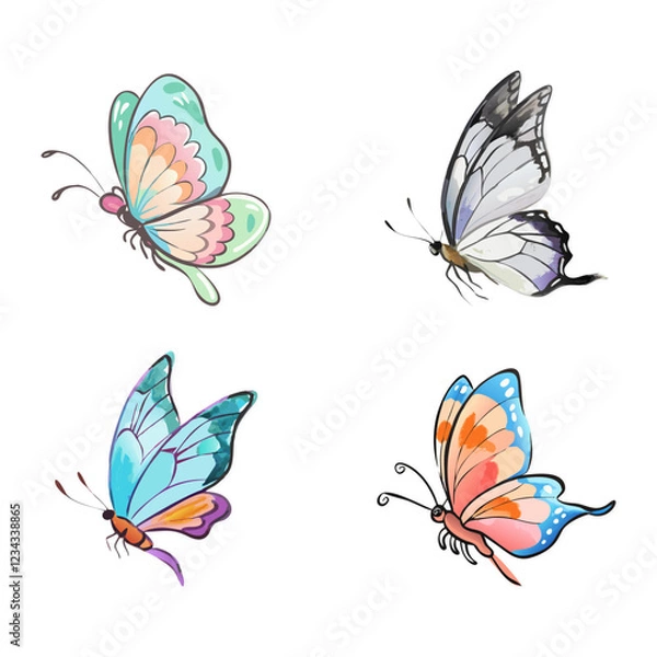 Obraz  Flat Hand Draw Watercolour Butterfly Collection Vector Illustration