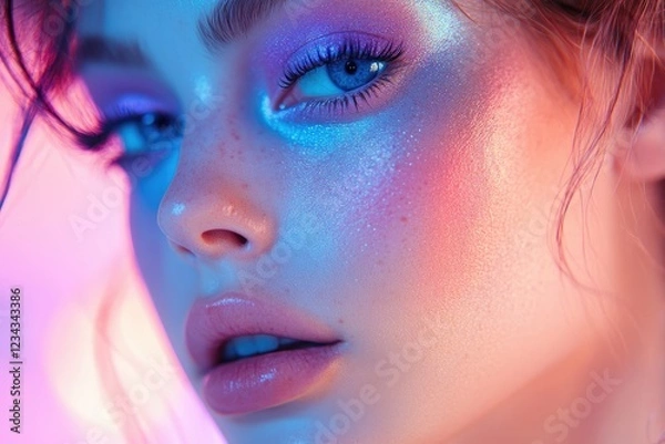 Fototapeta Close-up portrait of a woman with vibrant, iridescent makeup, glowing skin, and blue eyes.