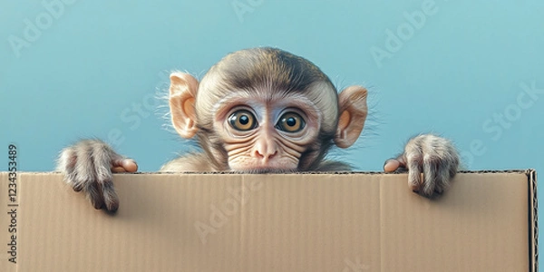 Fototapeta A cute monkey is peeking over the edge of a brown cardboard box holding onto one side with its paws against a blue sky background.