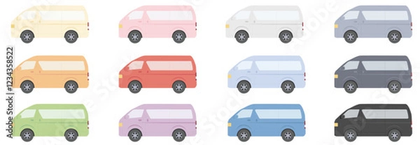 Obraz 車　横向きのシンプルなワンボックスカー各色セット＿12色12台
