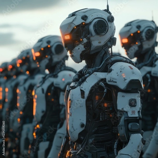 Fototapeta A line of advanced humanoid robots, emphasizing the future of AI, automation, and industrial innovation.