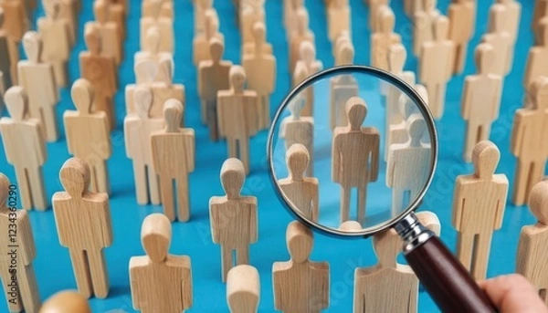Obraz A magnifying glass focuses on a single wooden figure within a crowd, highlighting the process of selection and individual assessment from a large pool of candidates.
