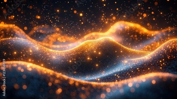 Fototapeta Abstract waves illuminated by glowing particles in a dark setting.