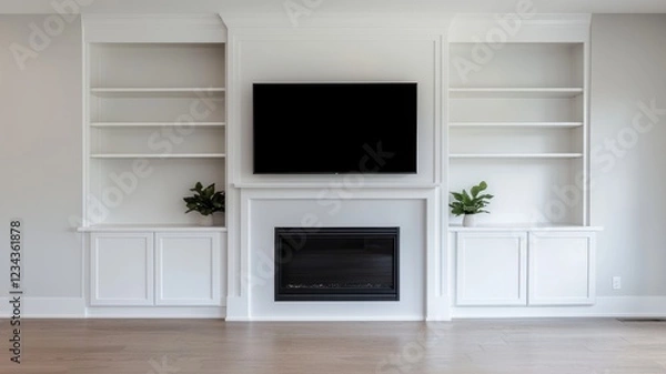 Fototapeta Modern White Built in Fireplace Entertainment Center with Shelves and Cabinets