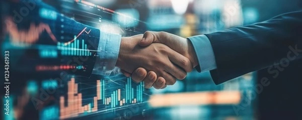 Obraz Business handshake with financial risk assessment graphs overlay, risk partnership, trust and risk evaluation in business deals