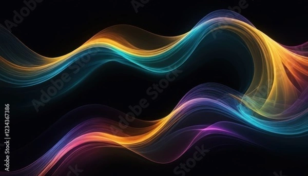 Fototapeta Abstract image of vibrant, flowing, iridescent waves against a dark background. The dynamic curves and luminous colors create a sense of movement and energy.