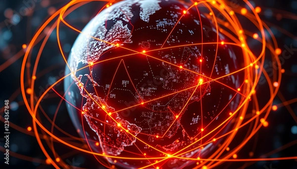 Obraz Global network, digital world map, glowing red connections, orange energy lines, futuristic sphere, data visualization, technological concept, interconnected globe, abstract earth, fiber optic communi