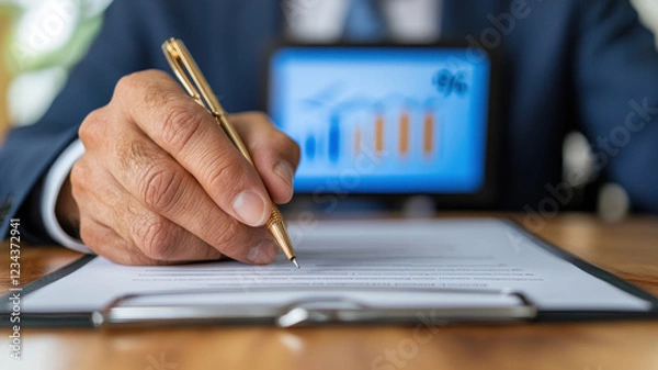 Fototapeta Federal Reserve Interest Rate Cut Themed, Businessman signing contract with financial graphs in background