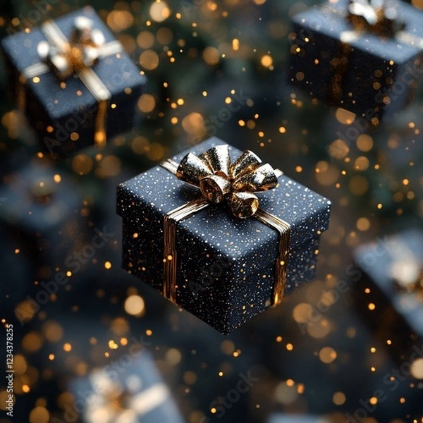 Fototapeta Elegant black and gold gift boxes with sparkles, perfect for conveying luxury, celebration, and festive occasions.