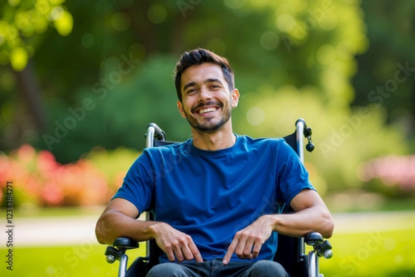 Fototapeta Smiling Man in Wheelchair Enjoys Relaxing Day at the Park