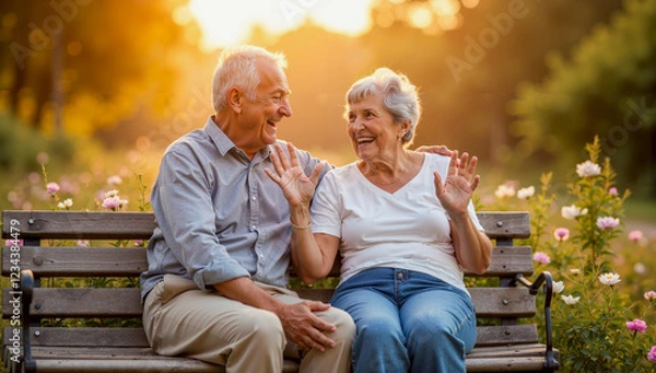 Obraz Older Couple Enjoying a Serene Moment on a Park Bench with Flowers