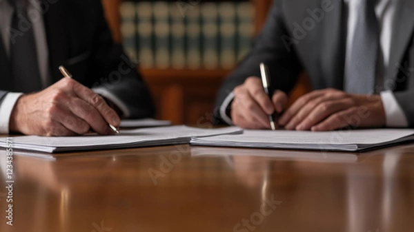 Fototapeta Federal Reserve Interest Rate Cut Themed, Two professionals signing documents at wooden table in office
