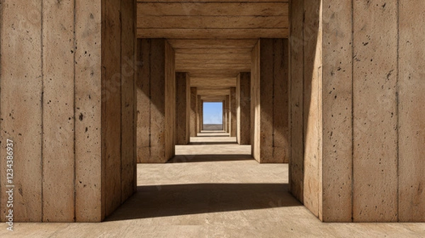 Fototapeta subterranean structure with concrete pillars and clear sky view. design evokes sense of depth and modern architecture
