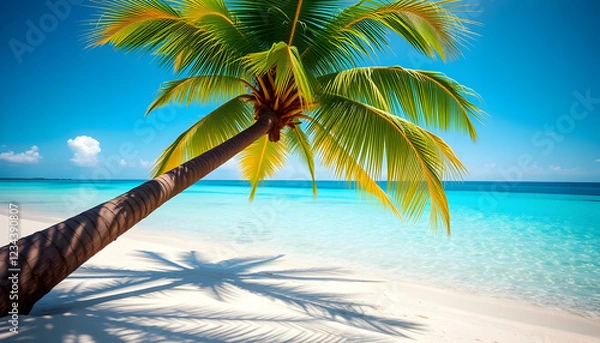 Obraz Tropical paradise, pristine white sand beach, crystal clear turquoise water, leaning palm trees, bright sunny day, azure sky, idyllic Caribbean island, postcard perfect scenery, tranquil ocean, serene