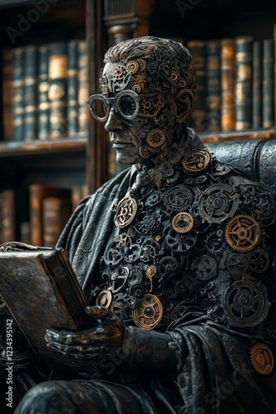 Obraz Steampunk statue of a man reading in a library setting.