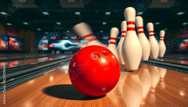 Obraz bowling alley, red bowling ball, white bowling pins, polished wooden lane, blurred background, neon lights, hyper-realistic, depth of field, high contrast, vibrant colors, sports photography, close-up
