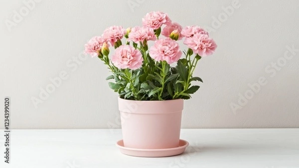 Fototapeta Fresh pink carnations elegantly arranged in a charming pastel pot, adding a touch of spring to any decor.