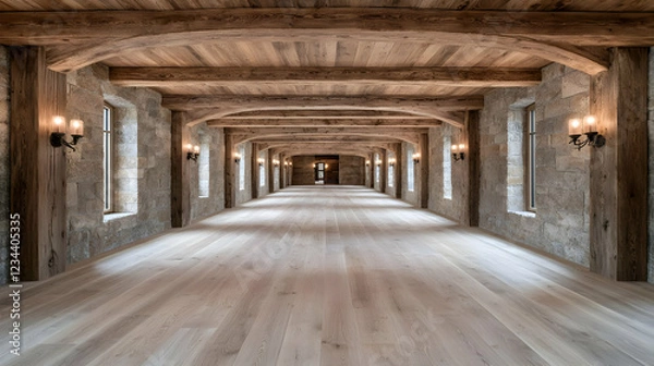 Fototapeta Long, wooden-beamed hallway in stone building