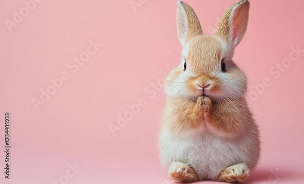 Fototapeta Easter concept: A miniature cute Easter bunny rabbit praying with clasped hands, capturing the essence of Easter with a bright, warm spring pink color palette.
