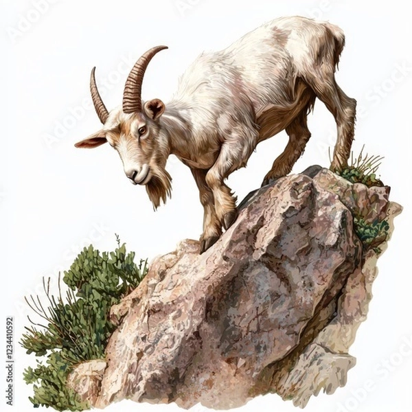 Fototapeta Mountain Goat Climbing Rocky Terrain with Lush Greenery in Natural Landscape Setting