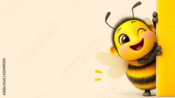 Obraz Funny happy bee on light background with copy space