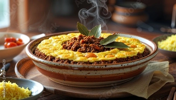 Fototapeta Traditional bobotie with golden crust and bay leaves on rustic table