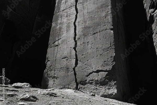 Obraz Large cracked stone pillar in a shadowy environment.