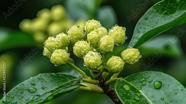 Fototapeta Close-up of green buds on a tree branch, glistening with rain droplets. 