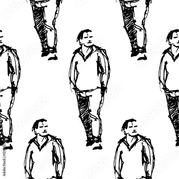 Fototapeta Man in a jacket walking forward, hands in his pockets. Seamless pattern. Full-body character. Hand-drawn sketch.