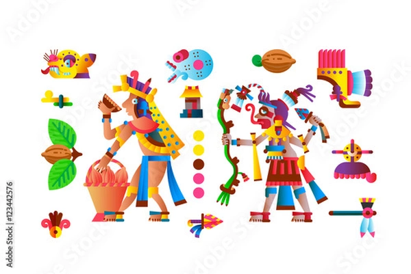 Fototapeta flat style aztec element collection with maya warrior, cacao bea