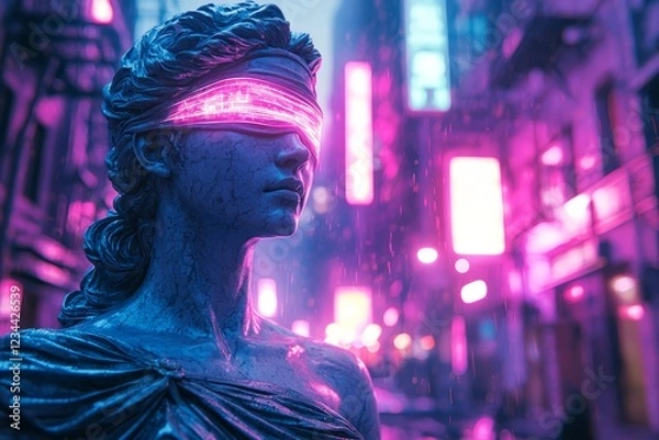 Obraz Futuristic statue with neon lights in urban setting.